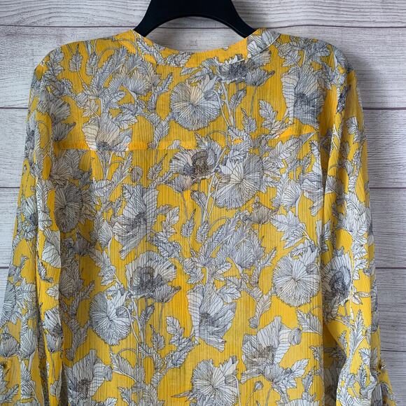 Liz Claiborne Yellow Sketch Floral Blouse Sheer Long Roll Tab Sleeves Size L - Picture 7 of 16